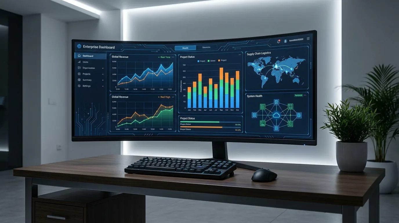 Enterprise AI dashboard interface with business intelligence panels