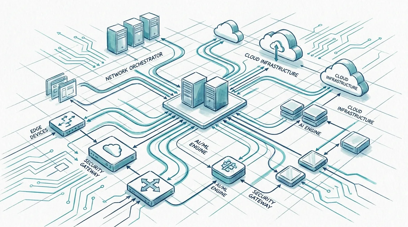 Network orchestration diagram with connected technical nodes